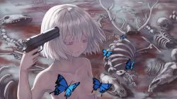Rule 34 | 1girl, absurdres, animal skull, blue butterfly, breasts, bug, butterfly, commentary request, convenient censoring, gun, hair between eyes, highres, holding, holding gun, holding weapon, insect, nude, original, purple eyes, skull, small breasts, solo, weapon, white hair, yorishiem