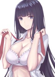 Rule 34 | 1girl, black eyes, black hair, blunt bangs, bra, breasts, cleavage, closed mouth, collarbone, collared shirt, commentary request, dress shirt, holding necktie, large breasts, long hair, looking at viewer, necktie, ohguro mariya, open clothes, open shirt, original, red necktie, shirt, short sleeves, simple background, smile, solo, underwear, upper body, white background, white bra, white shirt