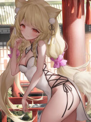 Rule 34 | 1girl, animal ears, bare shoulders, blonde hair, blush, borrowed character, braid, breasts, cat ears, cat girl, china dress, chinese clothes, cleavage cutout, closed mouth, clothing cutout, commentary, commission, dress, ear ornament, hand up, highres, long hair, looking at viewer, metatarou, original, pink scrunchie, red eyes, scrunchie, skeb commission, sleeveless, sleeveless dress, small breasts, solo, tassel, thighs, twin braids, twintails, very long hair, white dress