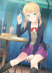 Rule 34 | 1girl, ahoge, bag, between legs, black coat, black socks, blazer, blonde hair, bow, bowtie, braid, brand name imitation, chair, coat, commentary request, cup, disposable cup, drinking straw, dutch angle, elbows on table, frappuccino, french braid, fukadou magorona, green eyes, hand between legs, head tilt, holding, holding pencil, jacket, kneehighs, light frown, looking at viewer, mechanical pencil, original, outdoors, pencil, pink scrunchie, pleated skirt, purple skirt, red bow, red bowtie, school bag, school uniform, scrunchie, short hair, sitting, skirt, socks, solo, spread legs, starbucks, storefront, sweater vest, table, two side up, unworn bag, wooden floor