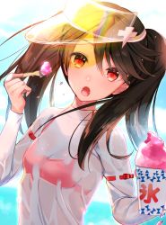 Rule 34 | 10s, 1girl, :o, bikini, blue sky, breasts, brown hair, cleavage, day, food, hayakawa akari, holding, holding spoon, kantai collection, long hair, long sleeves, looking at viewer, red bikini, red eyes, ribbon-trimmed sleeves, ribbon trim, ryuujou (kancolle), see-through, shaved ice, sky, small breasts, solo, spoon, swimsuit, transparent, twintails, upper body, visor cap, wet