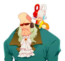 Rule 34 | 1boy, 1girl, :&lt;, age difference, aged down, angry, artist request, bald, barefoot, black hair, cheek bulge, child, dress, formal, gordon (one piece), grey hair, headphones, long hair, medium hair, multicolored hair, old, old man, one piece, one piece film: red, red hair, scar, serious, short hair, simple background, sitting, sitting on person, size difference, standing, suit, sunglasses, sweat, two-tone hair, uta (one piece), very long hair, wavy mouth, white background, yellow dress