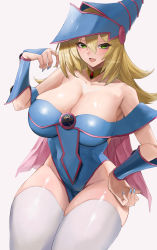 Rule 34 | 1girl, :d, absurdres, bare shoulders, blonde hair, blue nails, bracer, breasts, capelet, cleavage, collarbone, dark magician girl, dress, duel monster, facial mark, green eyes, groin, hair between eyes, hand on own hip, hat, highres, jewelry, kataku musou, large breasts, long hair, nail polish, neck ring, off-shoulder dress, off shoulder, open mouth, pelvic curtain, pentagram, pink capelet, simple background, skindentation, smile, solo, thighhighs, thighs, white background, white thighhighs, wizard hat, yu-gi-oh!