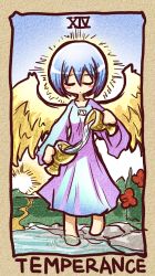 Rule 34 | 1girl, angel, barefoot, blue hair, blush stickers, closed eyes, cup, dress, female focus, flower, full body, gradient background, ikkyuu, lowres, nature, outdoors, plant, pouring, sky, solo, sun, tarot, tarot (medium), temperance (tarot), water, wings
