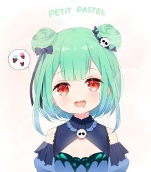 Rule 34 | 1girl, :d, bare shoulders, black bow, blue dress, blue sleeves, bow, detached sleeves, deyui, double bun, dress, drooling, earrings, fang, green hair, hair bow, hair bun, hair ornament, highres, hololive, jewelry, looking at viewer, mouth drool, open mouth, puffy sleeves, red eyes, skull earrings, skull hair ornament, sleeveless, sleeveless dress, smile, solo, upper body, uruha rushia, uruha rushia (1st costume), virtual youtuber, white background
