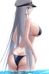 Rule 34 | 1girl, absurdres, ass, azur lane, back, bare shoulders, bikini, breasts, butt crack, commentary request, enterprise (azur lane), from behind, hat, highres, large breasts, long hair, looking at viewer, looking back, parted lips, peaked cap, purple eyes, rk (cc15915r), sideboob, solo, straight hair, string bikini, swimsuit, very long hair, wading, water, wet, white background, white hair