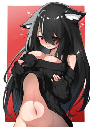 Rule 34 | absurdres, animal ear fluff, animal ears, bare shoulders, black hair, black sweater, blush, bottomless, breasts, cleavage, clothes lift, collarbone, fukutchi, groin, heart, highres, large breasts, long hair, navel, no panties, original, raised eyebrows, red eyes, simple background, smile, stomach, sweater, sweater lift, tagme
