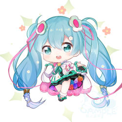 Rule 34 | 1girl, :d, absurdres, blue flower, blue hair, blue rose, blush, chibi, commentary request, eiba, floral background, flower, full body, green eyes, hair between eyes, hair ribbon, hatsune miku, highres, magical mirai (vocaloid), magical mirai miku, magical mirai miku (2021), open mouth, orange flower, orange rose, pink flower, pink ribbon, pink rose, purple flower, purple rose, ribbon, rose, round teeth, sample watermark, smile, solo, teeth, twintails, upper teeth only, vocaloid, watermark, white background