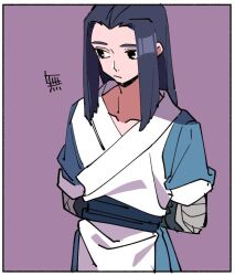 Rule 34 | 1boy, arms behind back, black eyes, blue hair, blue tunic, border, closed mouth, collarbone, long hair, looking to the side, luo xiaohei zhanji, nploser, purple background, sidelocks, simple background, solo, upper body, very long hair, white border, white tunic, wuxian (the legend of luoxiaohei)