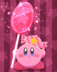 Rule 34 | blue eyes, blush stickers, candy, candy wrapper, food, hat, highres, holding, holding candy, holding food, kirby, kirby (series), lollipop, looking at viewer, miclot, nintendo, no humans, open mouth, pink background, pink headwear, pink theme, sparkling eyes, star (symbol), starry background, striped, striped background