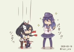 Rule 34 | 2girls, :3, akatsuki (azur lane), akatsuki (kancolle), anchor symbol, azur lane, beige background, black gloves, black hair, black sailor collar, black skirt, brown eyes, closed eyes, commentary request, crossover, dated, elbow gloves, fingerless gloves, flat cap, full body, gloves, half mask, hat, highres, historical name connection, kantai collection, long hair, long sleeves, luci ole, mask, multiple girls, name connection, neckerchief, ninja, one-hour drawing challenge, pantyhose, pleated skirt, ponytail, red neckerchief, sailor collar, school uniform, serafuku, simple background, skirt, skull mask, sleeveless, smile, smug, squatting, twitter username