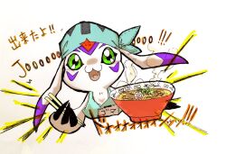 Rule 34 | chopsticks, digimon, digimon (creature), food, gomamon, green eyes, looking at viewer, noodles, open mouth, ramen, solo