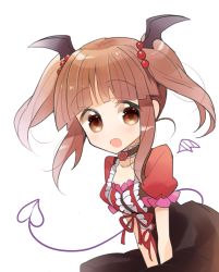 Rule 34 | 1girl, :d, black choker, blush, brown eyes, brown hair, center frills, choker, demon tail, drawn tail, drawn wings, dress, fangs, frilled sleeves, frills, head wings, idolmaster, idolmaster cinderella girls, leaning forward, looking at viewer, miyuara, ogata chieri, open mouth, red ribbon, ribbon, short sleeves, sidelocks, simple background, smile, solo, tail, twintails, white background, wings