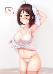 Rule 34 | 1girl, ahoge, arm up, armpits, bare shoulders, blush, breasts, brown eyes, brown hair, closed mouth, collarbone, dumbbell nan kilo moteru?, endsmall min, gradient background, grey background, groin, hair between eyes, highres, holding, holding towel, large breasts, mole, mole under eye, nose blush, panties, resolution mismatch, solo, source larger, spoken blush, standing, tachibana satomi, tank top, towel, underwear, wading, water, white background, white panties, white tank top