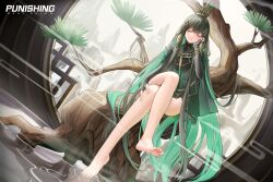 Rule 34 | 1girl, absurdres, bare legs, barefoot, black hair, closed eyes, copyright name, crown, full body, green nails, grey hair, hair ornament, highres, in tree, logo, long hair, mole, mole under mouth, multicolored hair, nail polish, official art, punishing: gray raven, qu (punishing: gray raven), second-party source, sitting, sitting in tree, soaking feet, solo, tassel, tree, two-tone hair, very long hair, water, window