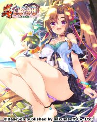 Rule 34 | 1girl, ass, bachou, barefoot, beach, black skirt, breasts, brown hair, bucchake (asami), cleavage, coconut, drinking straw, flower, fruit cup, knees up, koihime musou, legs, long hair, miniskirt, open mouth, outdoors, palm tree, panties, pantyshot, pink eyes, pink panties, ponytail, shirt, sitting, skirt, smile, solo, thick eyebrows, thighs, tree, tropical drink, underwear, very long hair, white shirt