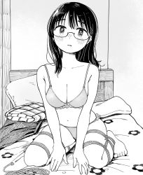 Rule 34 | 1girl, bare arms, bare legs, barefoot, bdsm, blanket, blush, bondage, bound, bound legs, bra, breasts, cleavage, commentary, glasses, greyscale, highres, indoors, large breasts, long hair, looking at viewer, miyama (kannsannn), monochrome, navel, on bed, original, panties, parted lips, pillow, rope, seiza, sitting, solo, underwear, underwear only