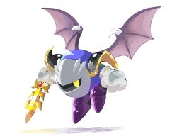 Rule 34 | armor, bat wings, boots, commentary request, eyes in shadow, full body, galaxia (sword), gloves, hakaba (ksni tbn), holding, holding sword, holding weapon, kirby (series), looking at viewer, mask, meta knight, nintendo, no humans, purple footwear, shoulder armor, simple background, spiked wings, spikes, sword, weapon, white background, white gloves, wings, yellow eyes