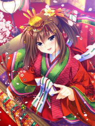 Rule 34 | 1girl, :d, angel beats!, black eyes, blurry, blurry background, blush, brown hair, cherry blossoms, from above, hair between eyes, hair ornament, highres, hisako (angel beats!), japanese clothes, kimono, kneeling, layered clothes, layered kimono, long hair, looking at viewer, open mouth, ponytail, satomi yoshitaka, smile, solo