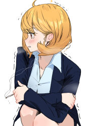 Rule 34 | 1girl, ahoge, black jacket, blonde hair, blush, cigarette, clenched teeth, collared shirt, feet out of frame, highres, holding, holding cigarette, jacket, long sleeves, looking to the side, open clothes, open jacket, orange hair, original, sekoshi (some1else45), shirt, short hair, simple background, smoke, solo, some1else45, squatting, tearing up, teeth, trembling, white background, white shirt