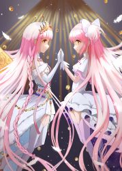 Rule 34 | 2girls, bow, choker, closed mouth, commentary request, dress, elbow gloves, eye contact, frilled dress, frills, gloves, hair bow, highres, infinite iroha, kaname madoka, long hair, looking at another, magia record: mahou shoujo madoka magica gaiden, mahou shoujo madoka magica, multiple girls, nacky0610, pink eyes, pink hair, pink thighhighs, smile, tamaki iroha, thighhighs, tiara, two side up, ultimate madoka, very long hair, white bow, white choker, white dress, white thighhighs, yellow eyes, zettai ryouiki