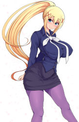 Rule 34 | 10s, 1girl, absurdres, arms behind back, black skirt, blonde hair, blue eyes, blue shirt, blush, braid, breasts, buttons, closed mouth, covered erect nipples, darkness (konosuba), dress shirt, floating hair, from side, hair between eyes, hair ornament, head tilt, high ponytail, highres, huge breasts, impossible clothes, impossible shirt, kono subarashii sekai ni shukufuku wo!, legs apart, lips, long hair, looking at viewer, neck ribbon, no bra, pantyhose, pencil skirt, ponponmaru, ponytail, purple pantyhose, ribbon, shirt, sidelocks, simple background, skirt, smile, solo, standing, thighs, white background, white ribbon, wing collar, x hair ornament