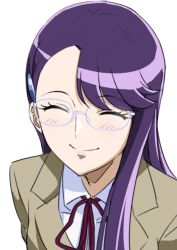 Rule 34 | 1girl, asymmetrical bangs, brown jacket, closed mouth, collared shirt, facing viewer, glasses, hair ornament, hairclip, heartcatch precure!, jacket, long hair, long sleeves, neck ribbon, portrait, precure, purple hair, red ribbon, ribbon, rimless eyewear, school uniform, shirt, simple background, smile, solo, tsukikage oyama, tsukikage yuri, white background, white shirt, wing collar