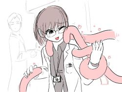 Rule 34 | 1boy, 1girl, blush, brown hair, flirting, glasses, heart, id card, lab coat, lanyard, meow25meow, one eye closed, open mouth, original, partially colored, pen, short hair, tentacles, uneven eyes