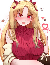 Rule 34 | 1girl, absurdres, blonde hair, blush, earrings, ereshkigal (bitter sweet) (fate), ereshkigal (fate), fate/grand order, fate (series), hair ribbon, heart, highres, hoop earrings, jewelry, long hair, looking at viewer, masini-mashini615, nervous, nervous smile, official alternate costume, open mouth, red eyes, red ribbon, red sweater, ribbon, simple background, sleeveless, sleeveless sweater, smile, solo, sweat, sweater, valentine, white background