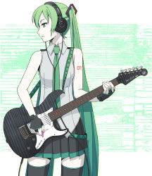 Rule 34 | 1girl, bare shoulders, black gloves, black skirt, black thighhighs, closed mouth, collared shirt, cowboy shot, electric guitar, fingerless gloves, gloves, gradient hair, green eyes, green hair, green necktie, guitar, hatsune miku, headphones, holding, holding instrument, instrument, itou (onsoku tassha), long hair, looking to the side, multicolored hair, music, necktie, playing instrument, pleated skirt, plectrum, profile, shirt, skirt, sleeveless, sleeveless shirt, solo, thighhighs, very long hair, vocaloid, wing collar