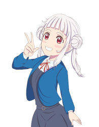 Rule 34 | 1girl, arashi chisato, artist name, artist request, belt, blue cardigan, blue jacket, blush, bow, bowtie, breasts, buttons, cardigan, collared shirt, cropped jacket, double bun, dress, dress shirt, female focus, floating hair, grey belt, grey shirt, grey skirt, hair bun, hair tie, highres, jacket, long hair, long sleeves, looking at viewer, love live!, love live! superstar!!, miniskirt, neck ribbon, o-ring, o-ring belt, parted lips, plaid, plaid skirt, pleated, pleated skirt, red bow, red eyes, red ribbon, ribbon, school uniform, shirt, skirt, small breasts, smile, solo, teeth, twintails, wavy hair, white background, white hair, white shirt, wing collar, yuigaoka school uniform