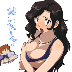 Rule 34 | 00s, 4girls, akashi kaoru, blush, breast hold, breasts, brown hair, cleavage, earrings, embarrassed, female focus, jewelry, kashiwagi oboro, large breasts, long hair, looking at viewer, multiple girls, necklace, nogami aoi, one-piece swimsuit, open mouth, purple eyes, sannomiya shiho, school swimsuit, sweat, swimsuit, teeth, text focus, tongue, translated, watarabe keiichi, wavy hair, zettai karen children