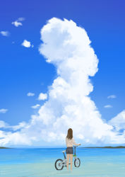 Rule 34 | 1girl, bicycle, blue shorts, blue sky, brown hair, cloud, cloudy sky, commentary request, day, from behind, long hair, ocean, outdoors, scenery, shirt, short sleeves, shorts, sky, soaking feet, solo, somehira katsu, standing, wading, white shirt