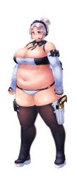 Rule 34 | 1girl, bolo tie, boots, breasts, cleavage, collar, detached collar, elbow gloves, fat, fingerless gloves, gloves, gun, hair bun, handgun, highres, holster, holstered, huge breasts, labiata (last origin), large breasts, last origin, magenta eyes, maid headdress, microphone, navel, plump, prototype labiata, red eyes, revolver, silver hair, single hair bun, skindentation, solo, standing, tajyador, thick thighs, thighhighs, thighs, weapon, white background, white gloves
