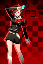 Rule 34 | 1girl, arm up, aura (ion), black skirt, bow, bowtie, brown hair, card, checkered background, copyright name, holding, holding card, kneehighs, looking at viewer, miniskirt, parted lips, persona, persona 3, red background, red bow, red bowtie, red eyes, shiomi kotone, short hair, skirt, smile, socks, solo, standing, thighs, white socks