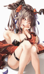 Rule 34 | 1girl, absurdres, alternate costume, animal ears, bare shoulders, black leotard, breasts, brown hair, cleavage, fang, flower, genshin impact, hair flower, hair ornament, hand on own cheek, hand on own face, highres, hu tao (genshin impact), jacket, legs, leotard, looking at viewer, mame (hyeon5117), medium breasts, off shoulder, open mouth, playboy bunny, rabbit ears, red eyes, red jacket, simple background, sitting, smile, solo, star-shaped pupils, star (symbol), symbol-shaped pupils, thigh strap, twintails, white background