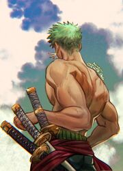 Rule 34 | 1boy, bara, earrings, facing away, from below, glint, green hair, highres, iara png, jewelry, large pectorals, male focus, muscular, muscular male, one piece, pectorals, roronoa zoro, sheath, sheathed, short hair, single earring, solo, topless male, veins, veiny arms, wind