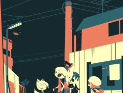 Rule 34 | 1boy, 3girls, animal ears, bug, commentary request, closed eyes, facing another, fox ears, fox girl, fox tail, hat, insect, lamppost, looking at another, moth, multiple girls, night, original, outdoors, power lines, red hair, shinonoko, short hair, tail, white hair, white headwear