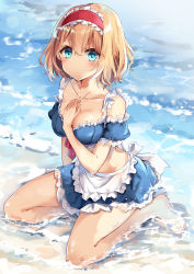 Rule 34 | 1girl, alice margatroid, alternate costume, apron, bare shoulders, barefoot, blonde hair, blue eyes, blue skirt, blush, breasts, cleavage, collarbone, commentary request, crop top, enmaided, frilled apron, frilled hairband, frills, full body, hair between eyes, hairband, hand on own chest, highres, kisaragi yuri, lolita hairband, looking at viewer, maid, maid apron, medium breasts, midriff, miniskirt, off-shoulder shirt, off shoulder, petticoat, puffy short sleeves, puffy sleeves, red hairband, red ribbon, ribbon, seiza, shirt, short hair, short sleeves, sitting, skirt, solo, sparkle, thighs, touhou, waist apron, water, white apron