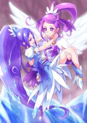 Rule 34 | 2girls, ahoge, angel wings, asymmetrical clothes, big hair, blue bow, blue dress, blue eyes, blue hair, blue ribbon, boots, bow, bracelet, brooch, chocokin, choker, cure diamond, cure sword, curly hair, dokidoki! precure, dress, earrings, eyelashes, gradient background, hair flip, hair ornament, hairclip, half updo, happy, heart, heart brooch, high heel boots, high heels, hishikawa rikka, jewelry, kenzaki makoto, long hair, looking at another, magical girl, multiple girls, open mouth, ponytail, precure, puffy sleeves, purple dress, purple eyes, purple hair, ribbon, short hair, side ponytail, smile, wings, wrist cuffs, yuri