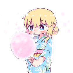 Rule 34 | 1girl, :t, alternate hairstyle, assault lily, blonde hair, blue eyes, blue kimono, blush, bow, bright pupils, closed mouth, cotton candy, eating, floral print, flower, food, food in mouth, hair bun, hair flower, hair ornament, hair over shoulder, highres, holding, holding food, japanese clothes, kimono, long hair, long sleeves, looking at food, looking at object, obi, obijime, print kimono, red bow, sash, single hair bun, solo, standing, tachihara sayu, teisuu, upper body, white background, white flower, white pupils, wide sleeves