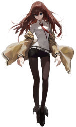 Rule 34 | 1girl, absurdres, belt, black pantyhose, blue eyes, boots, breasts, brown hair, closed mouth, dress shirt, full body, hair between eyes, highres, jacket, long hair, looking at viewer, makise kurisu, modare, necktie, pantyhose, red necktie, shirt, shorts, simple background, small breasts, solo, steins;gate, white background