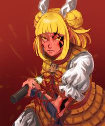 Rule 34 | 1girl, absurdres, arm guards, armor, armored dress, battoujutsu stance, blonde hair, blouse, blunt bangs, closed mouth, colored skin, commentary, crack, cracked skin, damaged, double bun, dress, fighting stance, frilled sleeves, frills, glint, hair bun, hair ribbon, haniwa (statue), highres, holding, holding sheath, holding sword, holding weapon, hole, japanese armor, joutouguu mayumi, kote, kurokote, kuya (hey36253625), left-handed, lips, pants, puffy sleeves, ready to draw, red background, red ribbon, red skin, ribbon, scabbard, serious, sheath, shirt, sidelocks, solo, sword, touhou, unsheathing, v-shaped eyebrows, vambraces, weapon, white pants, white ribbon, white shirt, yellow dress, yellow eyes