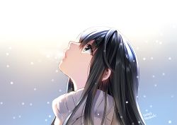 Rule 34 | 10s, 1girl, 2016, backlighting, black eyes, black hair, dated, long hair, looking up, nardack, open mouth, original, snow, solo, sweater, tears