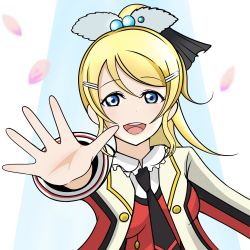 Rule 34 | 1girl, artist name, artist request, ayase eli, black bow, black necktie, black ribbon, blonde hair, blue eyes, blush, bow, breasts, collar, collared shirt, cropped jacket, cuffs, dress, dress shirt, earrings, female focus, frilled collar, frilled shirt collar, frills, hair between eyes, hair bow, hair ornament, hair ribbon, hairclip, high ponytail, highres, jacket, jewelry, layered clothes, long hair, long sleeves, looking at viewer, love live!, love live! school idol festival, love live! school idol project, necktie, parted lips, petals, pink petals, ponytail, reaching, reaching towards viewer, red shirt, ribbon, shirt, short hair, sleeve cuffs, small breasts, smile, solo, sore wa bokutachi no kiseki, swept bangs, upper body, white bow, wing collar