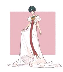 Rule 34 | black hair, character request, circlet, closed mouth, collarbone, cosplay, dress, emeraude (rayearth), emeraude (rayearth) (cosplay), full body, hanahiyo (hoimin), highres, looking at viewer, magic knight rayearth, pink background, red eyes, simple background, skirt hold, standing, tabard, white dress