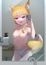 Rule 34 | 1girl, absurdres, animal ear fluff, animal ears, asymmetrical hair, bathroom, blonde hair, breasts, calderite, cellphone, commentary request, cookie (touhou), cowboy shot, fox ears, fox girl, fox tail, grabbing own breast, highres, holding, holding phone, medium hair, miramikaru riran, mirror, nipples, open mouth, panties, phone, red eyes, selfie, shampoo bottle, sidelocks, small breasts, smartphone, smile, solo, striped clothes, striped panties, tail, topless, underwear