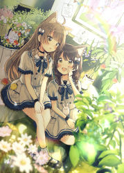 Rule 34 | 2girls, :d, absurdres, ahoge, animal, animal ear fluff, animal ears, bird, black footwear, blue bow, blurry, blurry foreground, blush, bow, braid, brown eyes, brown hair, rabbit, cat ears, chick, collared dress, commentary request, depth of field, dress, flower, food, fruit, hair bow, highres, indoors, long hair, mary janes, multiple girls, open mouth, original, parted lips, pink flower, rainbow, red flower, sakura oriko, shoes, short sleeves, sitting, smile, socks, strawberry, sunlight, very long hair, white bow, white dress, white flower, white legwear