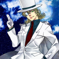 Rule 34 | 1boy, bad id, bad pixiv id, barnaby brooks jr., blonde hair, cape, cosplay, formal, full moon, gloves, green eyes, hat, hayashi (gz), jewelry, kaitou kid, kaitou kid (cosplay), linego, male focus, meitantei conan, monocle, moon, necklace, solo, suit, tiger &amp; bunny, top hat, white gloves