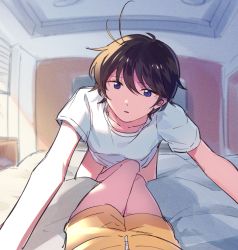 Rule 34 | 2girls, ahoge, aousa, bare legs, bedroom, black hair, blue eyes, chinese commentary, collarbone, commentary request, female pov, girl on top, indoors, looking at viewer, multiple girls, on bed, original, parted lips, pov, shirt, short hair, shorts, t-shirt, white shirt, yellow shorts, yuri